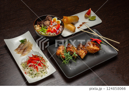 A set of Japanese dishes on the table A set of Japanese dishes on the table 124858066
