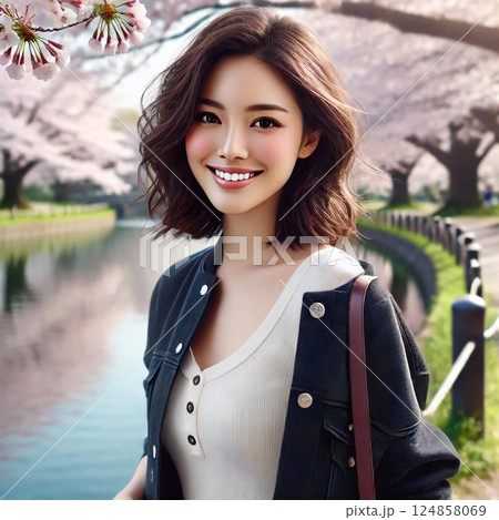 池のそばで女性が微笑みながら桜の水面反射を眺める。春の陽射しが暖かく、静かな時間が流れている 池のそばで女性が微笑みながら桜の水面反射を眺める。春の陽射しが暖かく、静かな時間が流れている 124858069