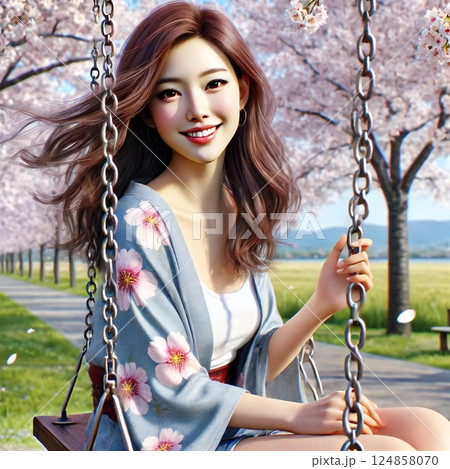 ブランコに座る女性が微笑んでいる。桜の花びらが舞い、春風が髪を揺らしながら穏やかな時間が流れる 124858070