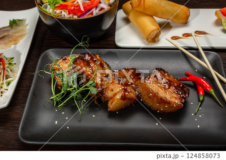 A set of Japanese dishes on the table 124858073