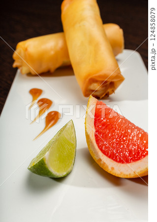 Japanese stuffed pancakes on a white plate with Japanese stuffed pancakes on a white plate with 124858079