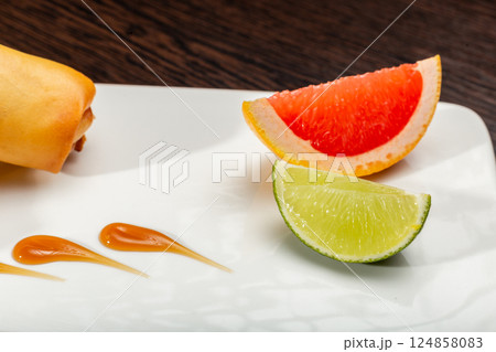 Japanese stuffed pancakes on a white plate with Japanese stuffed pancakes on a white plate with 124858083