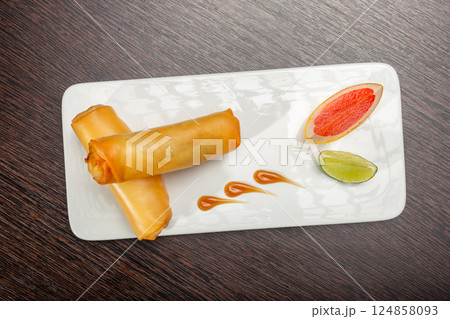 Japanese stuffed pancakes on a white plate with Japanese stuffed pancakes on a white plate with 124858093