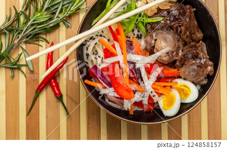 Beef Tail Soup with Egg and Vegetables, Japanese Beef Tail Soup with Egg and Vegetables, Japanese 124858157