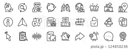 Cursor, 5g technology and Lock line icons pack. Share, Message, Paper plane icons. Survey progress, Petrol station, Street light web icon. Sound wave, Translate, Strategy pictogram. Vector Cursor, 5g technology and Lock line icons pack. Share, Message, Paper plane icons. Survey progress, Petrol station, Street light web icon. Sound wave, Translate, Strategy pictogram. Vector 124858236