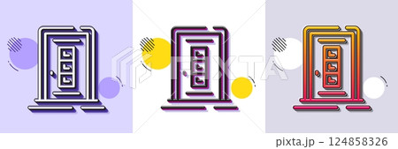 Door line icon. Halftone dotted pattern. Gradient icon with grain shadow. Building entrance sign. Exit doorway symbol. Line door icon. Various designs. Vector 124858326