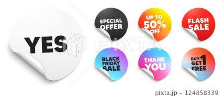 Yes sticker tag. Special offer paper price tags. Yes text tag. Approved ok message. Done or Good deal symbol. Discount, black friday sticker. Promo banner. Vector Yes sticker tag. Special offer paper price tags. Yes text tag. Approved ok message. Done or Good deal symbol. Discount, black friday sticker. Promo banner. Vector 124858339