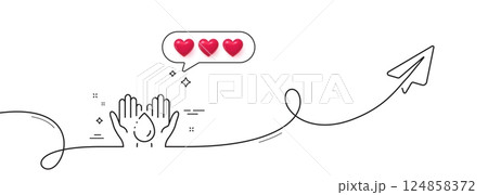Moisturizing oil line icon. Continuous line with share plane. Skin care sign. Wash hands symbol. Hearts rate review in speech bubble. Wash hands single line ribbon. Loop curve pattern. Vector 124858372