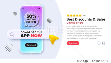 Discount mobile phone banner. App chat speech bubble. 50 percent discount offer tag. Sale price promo sign. Special offer symbol. Phone template with search bar. Download the app now. Vector 124858385