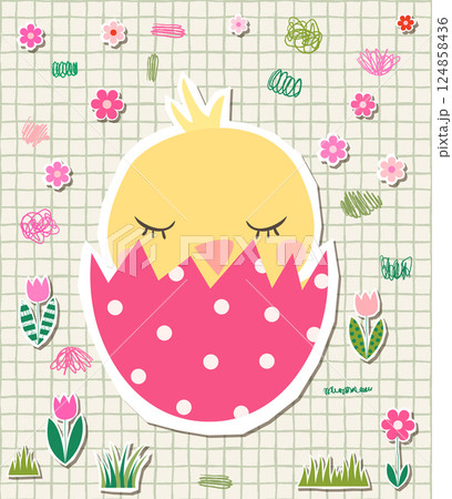 Cute vector chicken in an egg, Cartoon Easter animal illustration design with flowers background 124858436