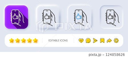 Like app line icon. Neumorphic, Flat shadow, 3d buttons. Hand hold phone sign. Cellphone with screen notification symbol. Line like app icon. Social media icons. Vector 124858626