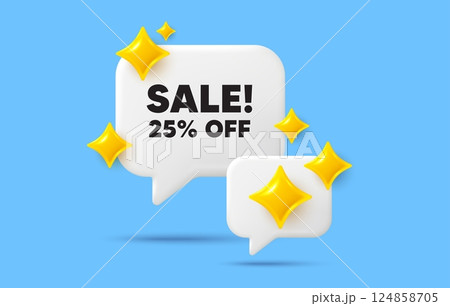 Sale chat speech bubble. Social media concept. Sale 25 percent off discount. Promotion price offer sign. Retail badge symbol. 3d sparkles chat bubble. Vector 124858705