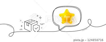 Parcel insurance line icon. Continuous line with 3d star. Risk coverage sign. Package delivery protection symbol. 3d star in speech bubble. Parcel insurance single line ribbon. Vector Parcel insurance line icon. Continuous line with 3d star. Risk coverage sign. Package delivery protection symbol. 3d star in speech bubble. Parcel insurance single line ribbon. Vector 124858716