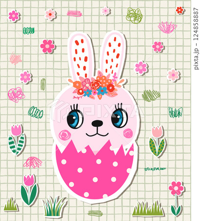 Cute fun pink vector bunny in an egg, Funny cartoon Easter animal illustration design background Cute fun pink vector bunny in an egg, Funny cartoon Easter animal illustration design background 124858887