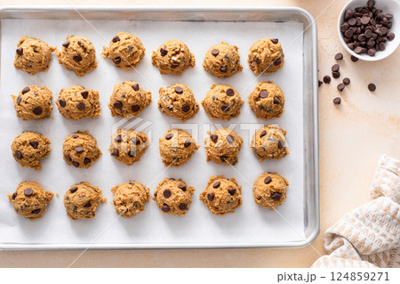Chocolate chip cookies with pecan nuts, cookie dough ready on a baking sheet Chocolate chip cookies with pecan nuts, cookie dough ready on a baking sheet 124859271