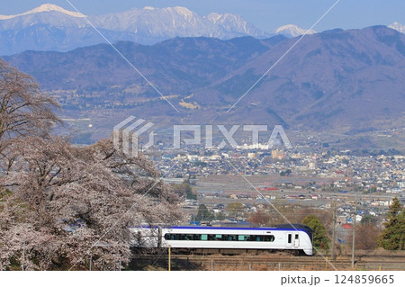 桜と南アルプスの山々がが美しい春の甲府盆地を行くE353系特急あずさ・かいじ_2025/4/5撮影 124859665