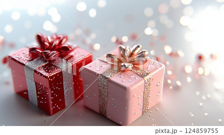 ピンクのリボンが可愛い雪の結晶が舞うギフトボックスプレゼントボックス赤やピンクのかわいいプレゼント 124859755