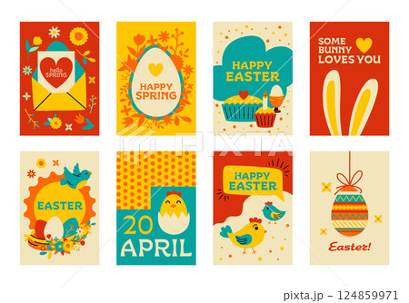 Cute collection of Easter cards and posters in flat style. Minimalistic vector set of Easter cartoon illustrations and designs. Christian holiday. Colorful templates for printing and decoration. Cute collection of Easter cards and posters in flat style. Minimalistic vector set of Easter cartoon illustrations and designs. Christian holiday. Colorful templates for printing and decoration. 124859971
