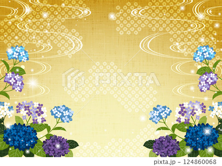 あじさい、梅雨、和風、鹿の子模様、背景、イラスト、かわいい、横、金 124860068