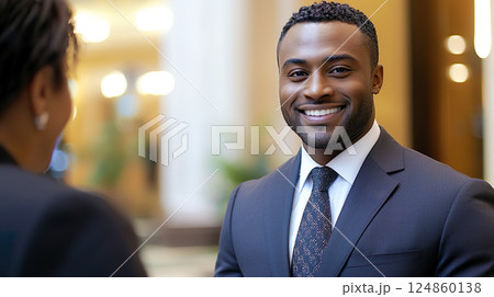 和やかに会談をするスーツを着た黒人の男性 和やかに会談をするスーツを着た黒人の男性 124860138