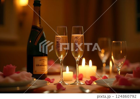 ロマンチックなキャンドルライトディナーとシャンパンの優雅なセッティング40 AI生成画像 ロマンチックなキャンドルライトディナーとシャンパンの優雅なセッティング40 AI生成画像 124860792