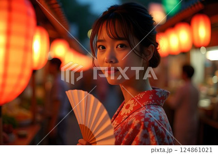 浴衣姿の女性と提灯が灯る夏祭りの幻想的な夜17　AI生成画像 124861021