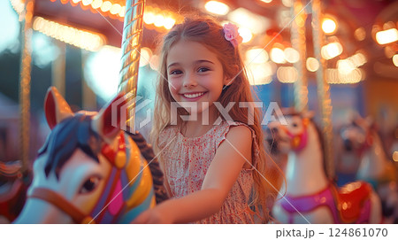 メリーゴーラウンドの木馬に楽しそうに乗る笑顔の白人の女の子 メリーゴーラウンドの木馬に楽しそうに乗る笑顔の白人の女の子 124861070