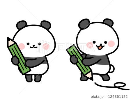 鉛筆を持つパンダのイラストセット 124861122