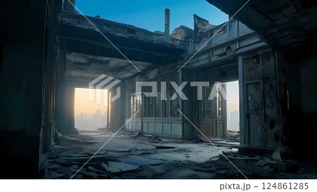 ゲーム背景　九龍城塞サイバー廃工場通路風ダンジョン迷路	 124861285