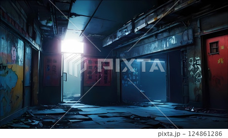 ゲーム背景　九龍城塞サイバー廃工場通路風ダンジョン迷路	 124861286