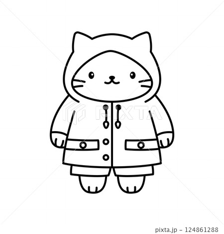 Funny Cat Kitten Pet Animal Cartoon Character Wearing Jacket Coat Raincoat in Line Art Design 124861288