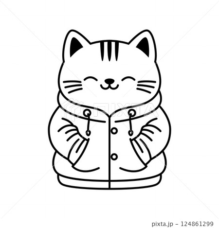 Funny Cat Kitten Pet Animal Cartoon Character Wearing Jacket Coat Raincoat in Line Art Design 124861299