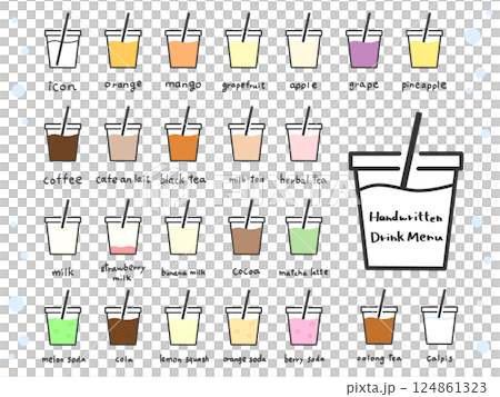 カラフルな飲み物の手描きアイコンセット 124861323