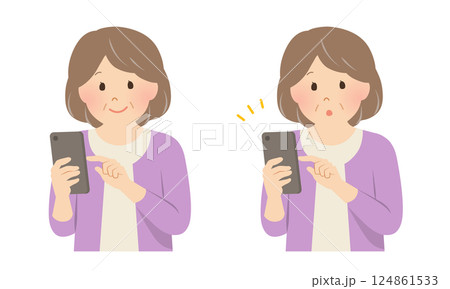 スマホを操作するシニア女性のセット_ベクターイラスト 124861533