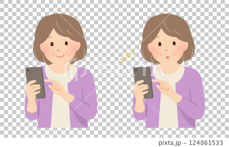 スマホを操作するシニア女性のセット_ベクターイラスト 124861533