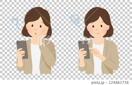 一組在操作智慧型手機時遇到困難的女性商務人士_向量插圖 124861738