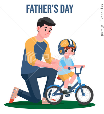 Father's Day concept with a cartoon illustration of a father helping his young son learn to ride a balance bike. Vector illustration eps10 124862155