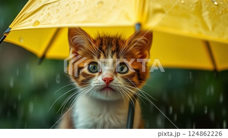 黄色い傘の下で雨宿りをする猫 124862226