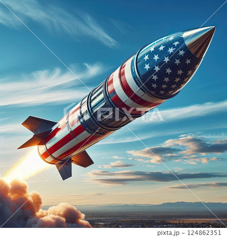 American Flag tariffs Missile Launching into the Sky with Generative AI. 124862351