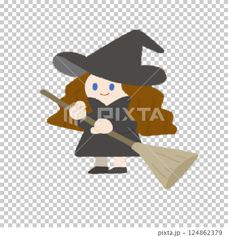 手繪、寬鬆、可愛、彩色插圖，描繪了一個拿著掃帚站著微笑的萬聖節女巫 124862379