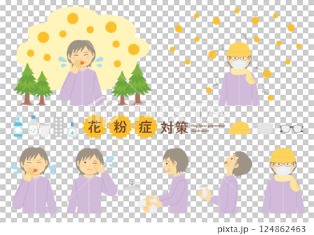 花粉症に関する症状や対策をするシニアの女性のイラストのセット 124862463