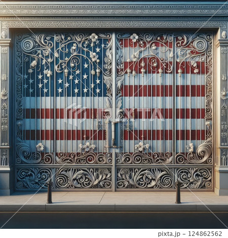 Tariff barriers Iron Gate with USA Flag with Generative AI. Tariff barriers Iron Gate with USA Flag with Generative AI. 124862562