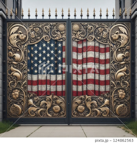Tariff barriers Iron Gate with USA Flag with Generative AI. Tariff barriers Iron Gate with USA Flag with Generative AI. 124862563