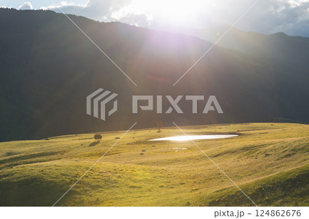 Aerial view of beautiful high altitude forest grassland mountain landscape 124862676
