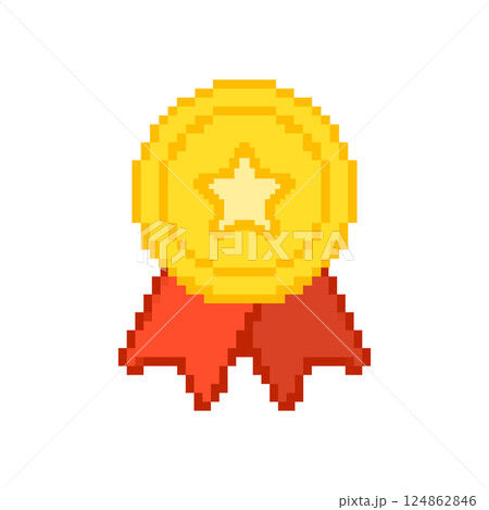 Golden Medal With Red Ribbon Pixelated Icon. Pixel Art Symbol Of Award, Achievement And Victory Badges. Isolated Vector Illustration Golden Medal With Red Ribbon Pixelated Icon. Pixel Art Symbol Of Award, Achievement And Victory Badges. Isolated Vector Illustration 124862846