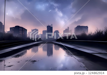 ゲーム背景 無人になった夜の街にともる灯りと摩天楼 ゲーム背景 無人になった夜の街にともる灯りと摩天楼 124862914