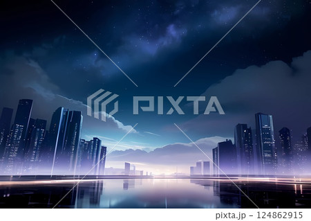 ゲーム背景 無人になった夜の街にともる灯りと摩天楼 ゲーム背景 無人になった夜の街にともる灯りと摩天楼 124862915