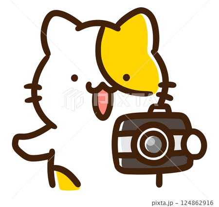 カメラを片手に撮影しようとするかわいいねこのキャラクターの上半身イラスト カメラを片手に撮影しようとするかわいいねこのキャラクターの上半身イラスト 124862916