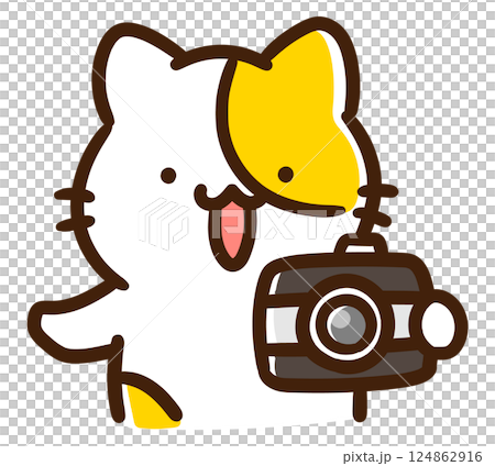 カメラを片手に撮影しようとするかわいいねこのキャラクターの上半身イラスト カメラを片手に撮影しようとするかわいいねこのキャラクターの上半身イラスト 124862916