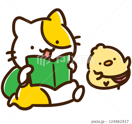 仲良く旅行を楽しむねことひよこのキャラクターのかわいいデフォルメイラスト 仲良く旅行を楽しむねことひよこのキャラクターのかわいいデフォルメイラスト 124862917